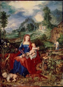 Die Heilige Familie mit Tieren, die in einem Buch blättern, und dem Jesuskind, umgeben von Hund, Fuchs, Vögeln, Krebs, Eule, Papagei, Frosch, Schnecke und Iris