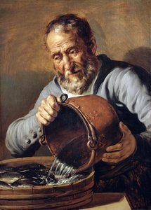 Wasser und Alter: Fischhändler mit Eimer und Wanne voller Fische