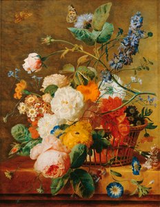 Blumenkorb mit Sockel vor einem Parkhintergrund von Jan van (follower of) Huysum