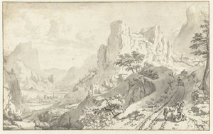 Berglandschaft mit Reisenden auf einer Straße