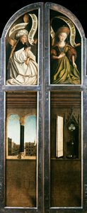 Der Genter Altar. Anbetung des mystischen Lammes: Gewölbtes Fenster mit Aussicht..., 1432