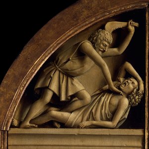 Der Genter Altar. Anbetung des mystischen Lammes: Kain tötet Abel