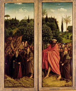 Der Genter Altar. Anbetung des mystischen Lammes: Die heiligen Einsiedler und die heiligen Pilger, 1432 von Jan van Eyck