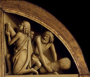 Der Genter Altar. Anbetung des mystischen Lammes: Das Opfer von Kain und Abel, 1432