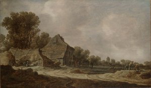 Ein sandiger Weg mit strohgedeckten Hütten von Jan van Goyen