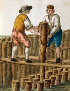 Grundsteinlegung der venezianischen Lagune, Illustration aus dem Manuskript Dress of Venetians von Jan van Grevenbroeck