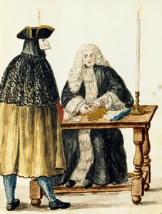 Richter spielt Karten mit maskiertem Mann, von Jan Grevenbroeck (1731-1807), Italien