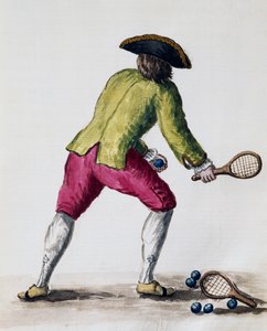 Mann spielt mit Schläger und Bällen, aus dem illustrierten Buch der venezianischen Kostüme, Italien