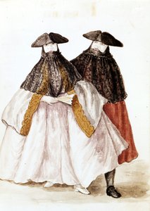 Masken des Karnevals von Venedig. Aquarellzeichnung und Tinte aus dem Manuskript „Sitten der Venezianer“ von Jan van Grevenbroeck (oder Giovanni Grevembroch (Grevenbroch) (1731-1807)