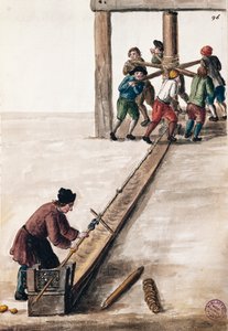 Verarbeitung von Stangen für die Münzprägung, Illustration aus Illustriertes Buch der venezianischen Kostüme, von Jan Grevenbroeck (1731-1807), Aquarell, Italien