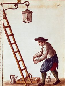 Kleine Berufe: Lampen anzünden Aquarellzeichnung und Tinte aus einem Manuskript von Jan van Grevenbroeck (1731-1807) von Jan van Grevenbroeck