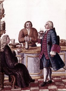 Venezianische Adlige beim Kaffee, einer genießt eine Schokolade. Aquarellzeichnung und Tinte aus dem Manuskript „Sitten der Venezianer“ von Jan van Grevenbroeck (oder Giovanni Grevembroch)
