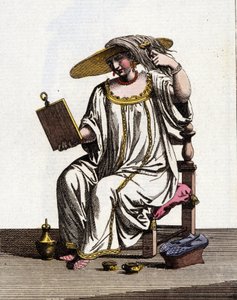 Venezianische Methode der Frauen, ihr Haar in der Sonne aufzuhellen im 17. - 18. Jahrhundert. Aquarellzeichnung und Tinte aus dem Manuskript „Bräuche der Venezianer“ von Jan van Grevenbroeck (oder Giovanni Grevembroch) (1731-1807) von Jan van Grevenbroeck