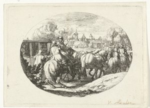 Armee und Kutschen ziehen in die Stadt