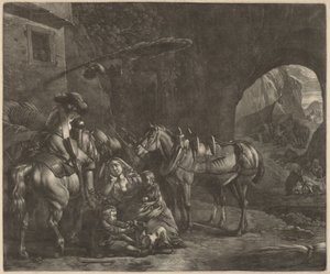 Mutter mit zwei Kindern und einem Pferd vor einem Gasthaus