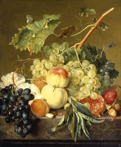 Früchte, Haselnüsse und Stockrosen auf einer Marmorkante