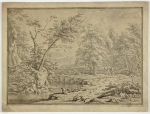Landschaft mit Hirten am Fluss und Mann zu Pferd