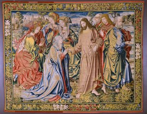 Flämische Tapisserie. Serie Himmel von Karl V. Christus verabschiedet sich von seiner Mutter. Zeichner Jan van Coninxloo. Herstellung von Julien Portois, Mechelen (Malines). Ca 1521.