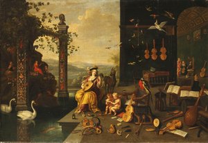 Eine Personifikation der Musik: Eine junge Frau, die auf einer Terrasse vor einer offenen Galerie Laute spielt von Jan van Kessel