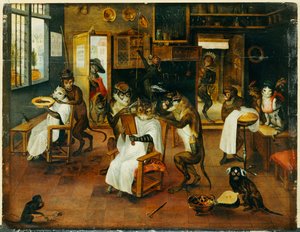 Eine Singerie: Affenfriseure bedienen Katzen von Jan van Kessel