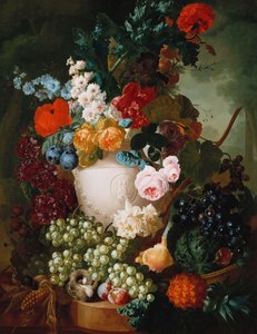 Rosen, Mohnblumen und andere Blumen in einer skulptierten Vase mit Früchten, einer Maus und einem Vogelnest auf einem Steinsims von Jan van Os