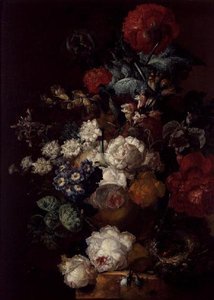 Stillleben mit Blumen und einem Vogelnest