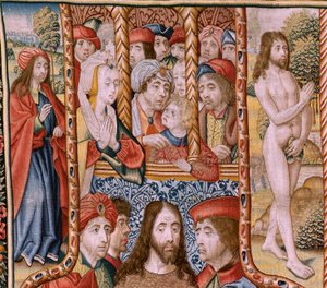 Flämischer Wandteppich. Serie Episoden aus dem Leben der Jungfrau. Die Prophezeiungen erfüllen sich bei der Geburt Christi. Erster Wandteppich in der Serie. Modelle zugeschrieben Jan von Roome (oder van B)