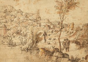 Landschaft mit Hirten an einem Fluss und einer Stadt im Hintergrund (recto); Figurenstudien und römische Ruinen (verso) von Jan van Scorel