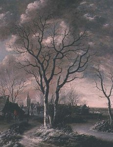 Eine gefrorene Flusslandschaft mit Reisenden auf einem Pfad