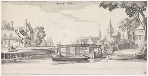 Boote bei einem Steg in einem Dorf (Playsante lantschappen ende vermakelycke gesichten) von Jan van de Velde (II)