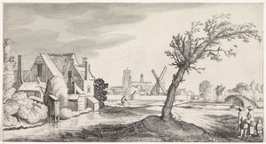 Familie bei einem Haus mit einer Stadt im Hintergrund (Playsante lantschappen ende vermakelycke gesichten) von Jan van de Velde (II)