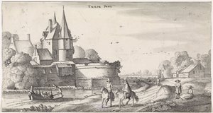 Figuren bei einem Schloss in einer Flusslandschaft