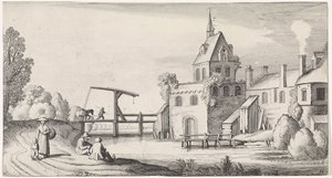 Figuren bei einer Zugbrücke vor einem Dorf mit Kirchturm von Jan van de Velde (II)