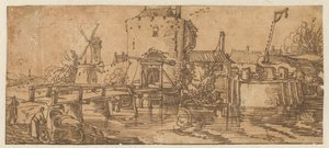Ansicht einer Stadt (Culemborg?) mit einer Brücke vor einem Tor von Jan van de Velde (II)