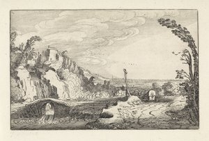 Planwagen auf einem Pfad in einer bergigen Flusslandschaft (Serientitel: Landschaften) von Jan van de Velde (II)
