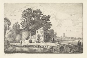 Haus bei einer Steinbrücke in einer Flusslandschaft