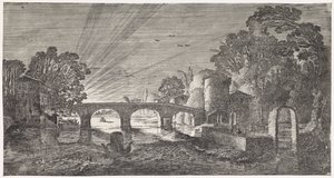 Flusslandschaft bei Sonnenuntergang (Playsante lantschappen ende vermakelycke gesichten)