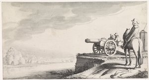 Reiter und zwei Soldaten bei einer Kanone am Flussufer von Jan van de Velde (II)