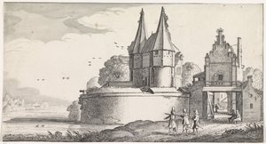 Soldaten bei einem Fort und einem Stadttor an einem Fluss (Playsante lantschappen ende vermakelycke gesichten) von Jan van de Velde (II)