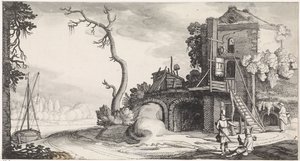 Zwei Falkner bei einem als Herberge genutzten Turm
