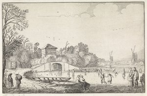 Winterlandschaft mit Schlittschuhläufern bei einer Brücke