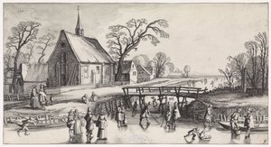 Winterlandschaft mit Schlittschuhläufern bei einem Dorf