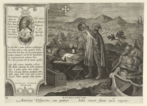 Amerigo Vespucci entdeckt das Kreuz des Südens mit einem Astrolabium, aus Nova Reperta, veröffentlicht 1600