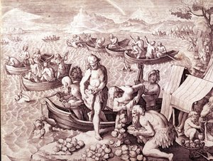 Austernfischerei. 17. Jahrhundert. Gravur von Giovanni Stradano (Jan Van Der Straet) (Johannes Stradanus) (1523-1605)