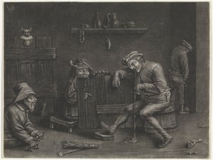 Interieur mit urinierendem Mann, erbrechendem Mann, einem Zwerg und einem Bettler von Jan van der Bruggen