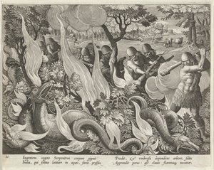 Schlangenfangen in Indien mit Keulen und Fackeln zur Beleuchtung des Unterholzes, veröffentlicht 1640 (Gravur) von Jan van der Straet