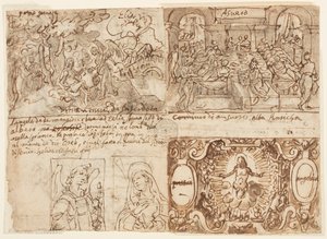 Oben links: Waldlandschaft mit Elia, der von einem Engel auf dem Berg Horeb geweckt und genährt wird (1 Könige 19:5-6); Oben rechts: Das Bankett von König Ahasverus (Esther 1: 1-6); Unten rechts: Christus umgeben von Engeln mit den Arma Christi; Unten link