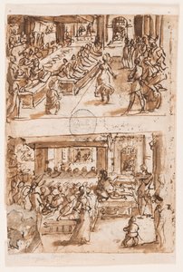 Tanz der Salome; Daniels Deutung des zweiten Traums von König Nebukadnezar, Vorentwurf für "Spiritus Consilii" (Der Geist des Rates), Platte 3 in der Druckserie "Die sieben Gaben des Heiligen Geistes" von Jan van der Straet, called Stradanus