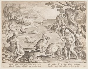 Indianer fangen Fische mit Hilfe von Pelikanen, Platte 23 in der Serie Venationes Ferarum, Avium, Piscium von Jan van der Straet, called Stradanus