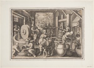 Oleum Olivarum (Die Produktion von Olivenöl), Tafel 12 in der Nova Reperta (Neue Erfindungen der Neuzeit)